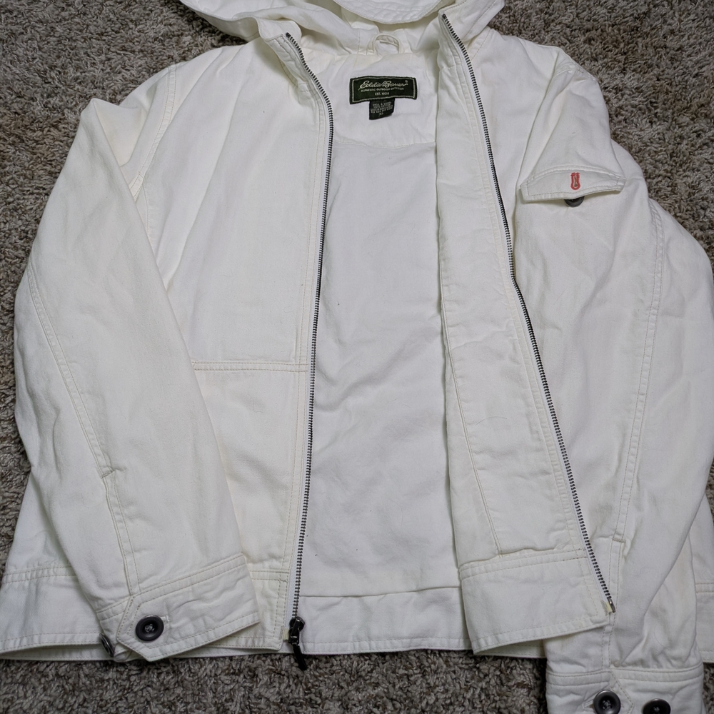 Eddie Bauer White Hooded Jacket Zippered Lined Costal Beach Boating